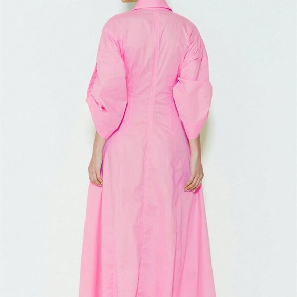 Pink Elegant Women's V-Neck Long Sleeve Flared Hem Chic Maxi Dress - Picture 3 of 3